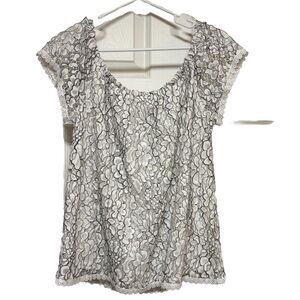 White Rose Lace Crochet Overlay Short Sleeved Top Size XL Stretch Black